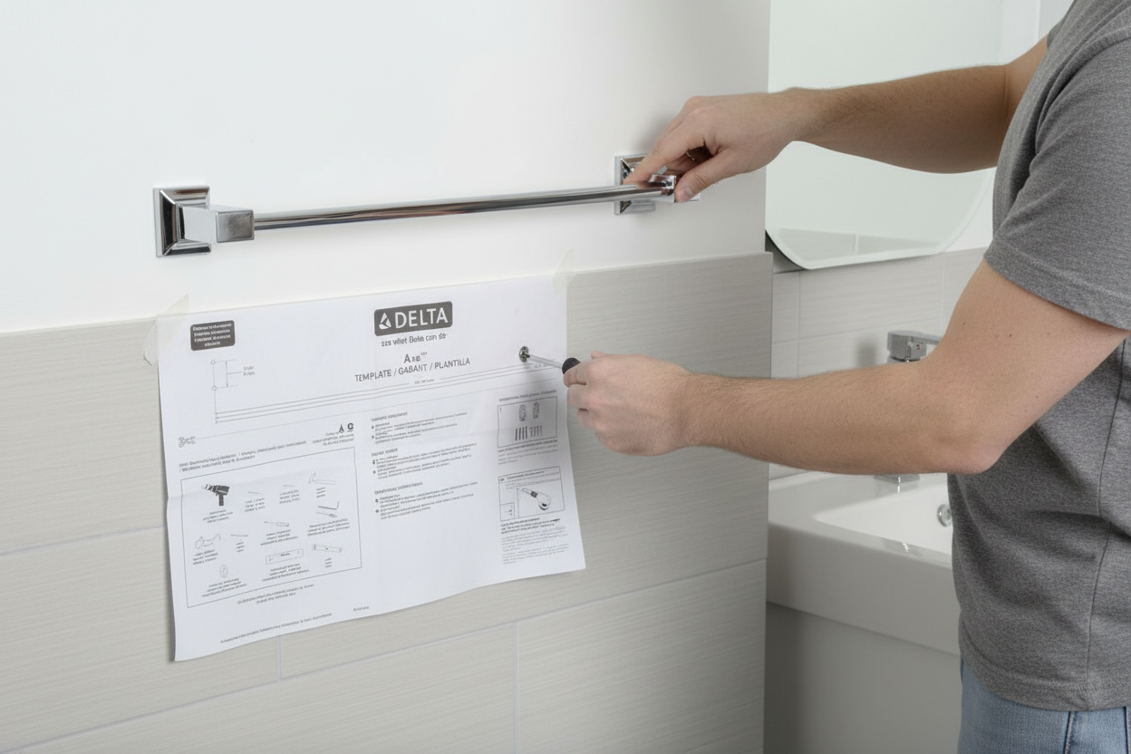 Person installing Delta Ara 18-inch polished chrome towel bar on bathroom wall — easy installation with included hardware and template
