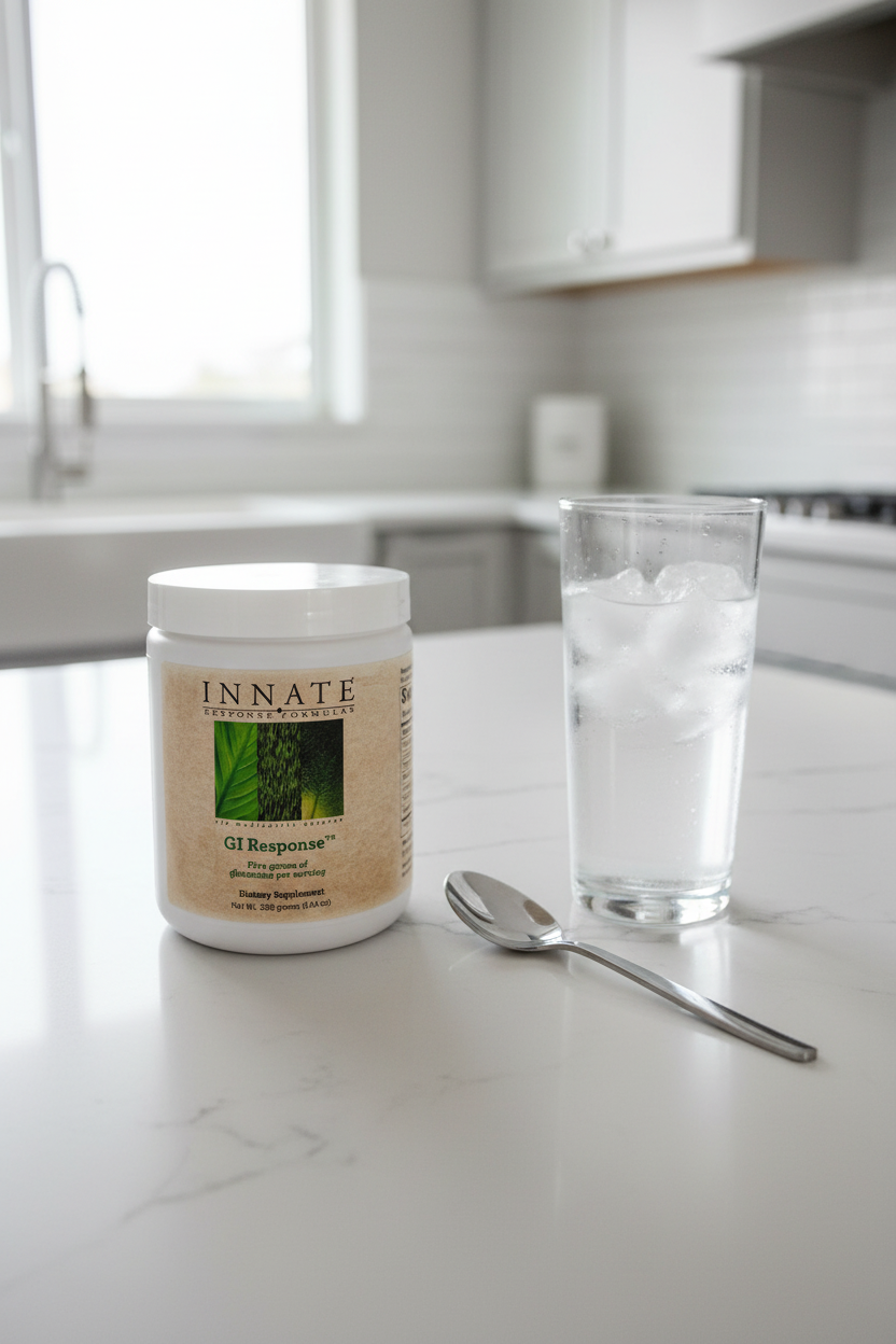 Innate Response GI Response powder jar on minimalist kitchen counter with glass of iced water and stainless spoon