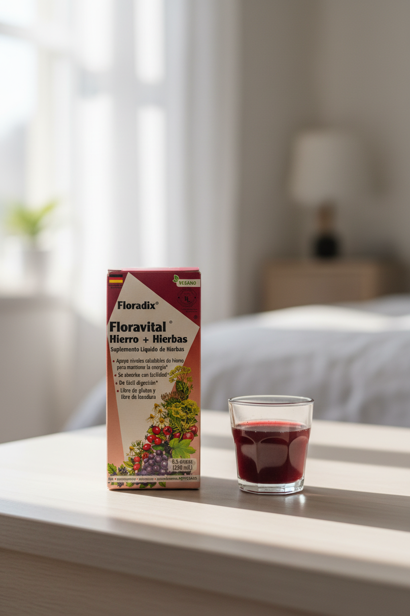 Salus Floradix Floravital Liquid Iron and Herbs 250ml box on a light wood surface next to a small glass of dark red liquid supplement in a morning wellness setting – More4less Outlet