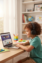 Child wearing JLab JBuddies Learn headphones at desk with laptop doing online school