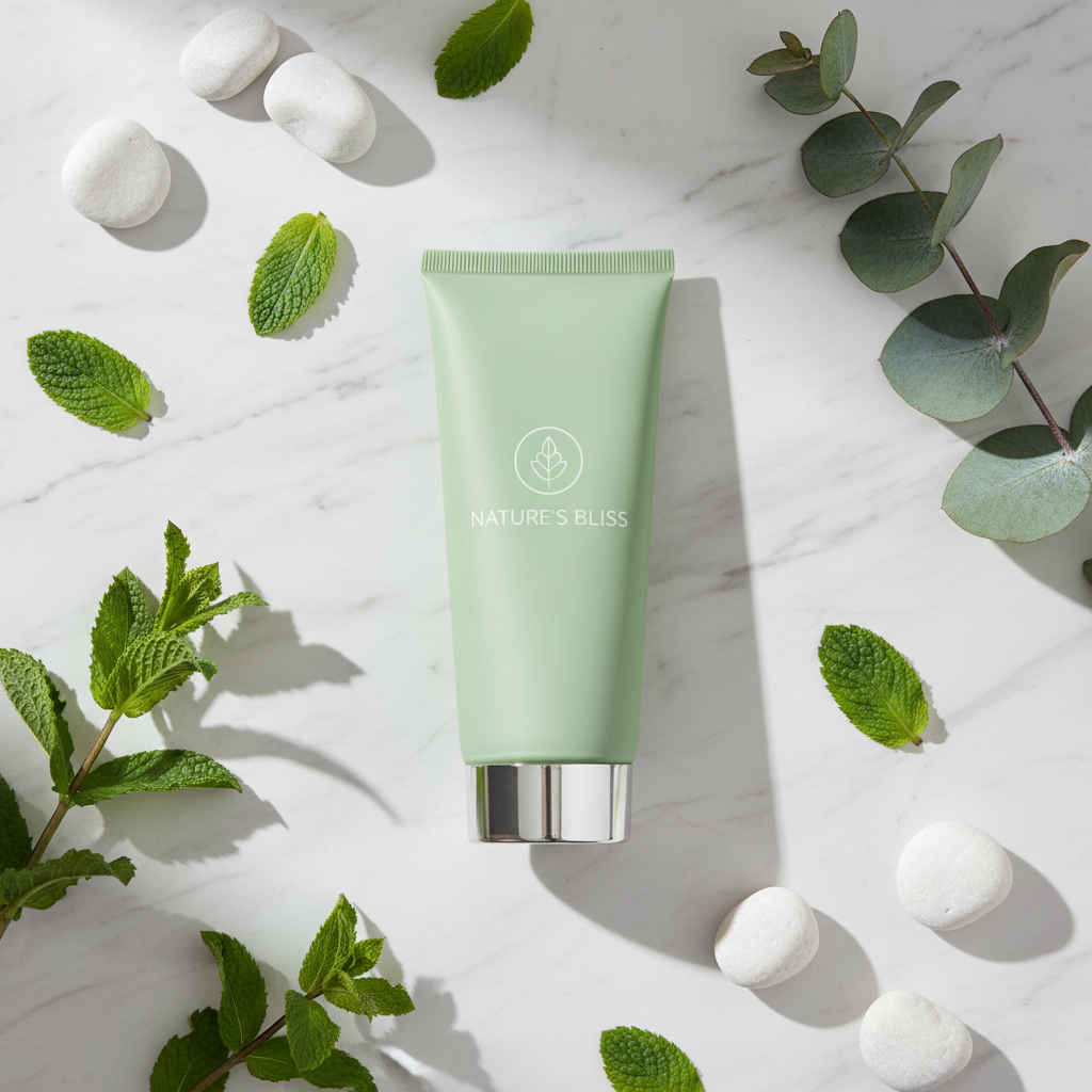 Flat lay of Mary Kay Mint Bliss lotion with fresh mint leaves and eucalyptus sprigs