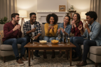 Mixed group of adults playing Nasty Things party card game at a house party