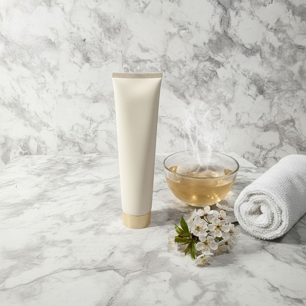 Mary Kay Satin Hands Protecting Softener Fragrance-Free spa flat lay with white towel and flowers on marble