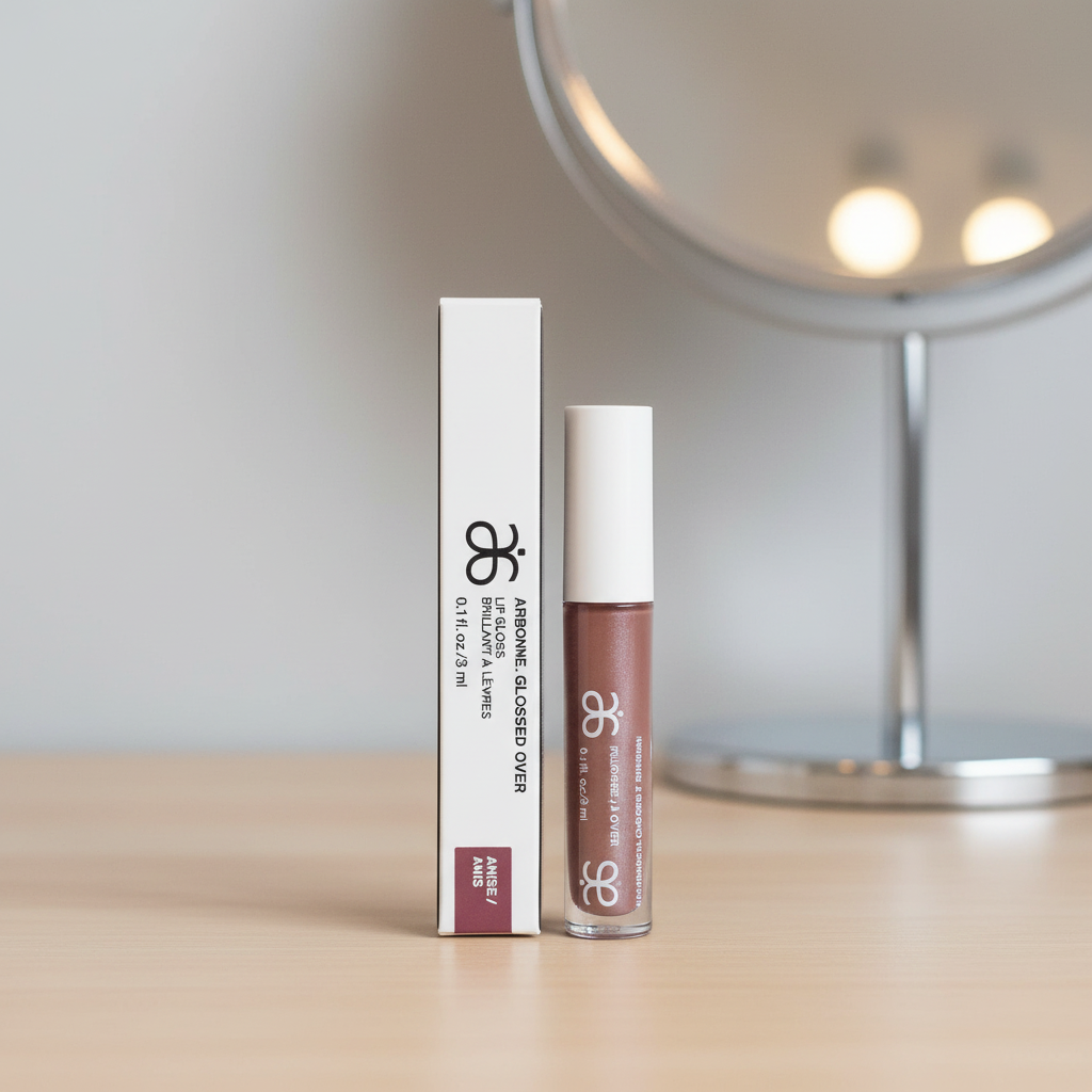 Arbonne Glossed Over Lip Gloss in Anise 0.1 fl oz at a neutral makeup styling station