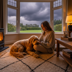 Small golden-doodle sitting calmly with owner in cozy living room during storm