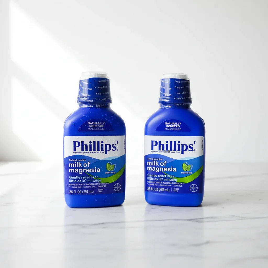 Clean studio composition of two blue digestive health liquid medicine bottles on white marble surface