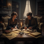 Two adults sitting across from each other at a coffee table reading documents and taking notes by candlelight