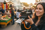 Polaroid Flip instant camera black held at outdoor festival with instant photo printing out — More4less Outlet