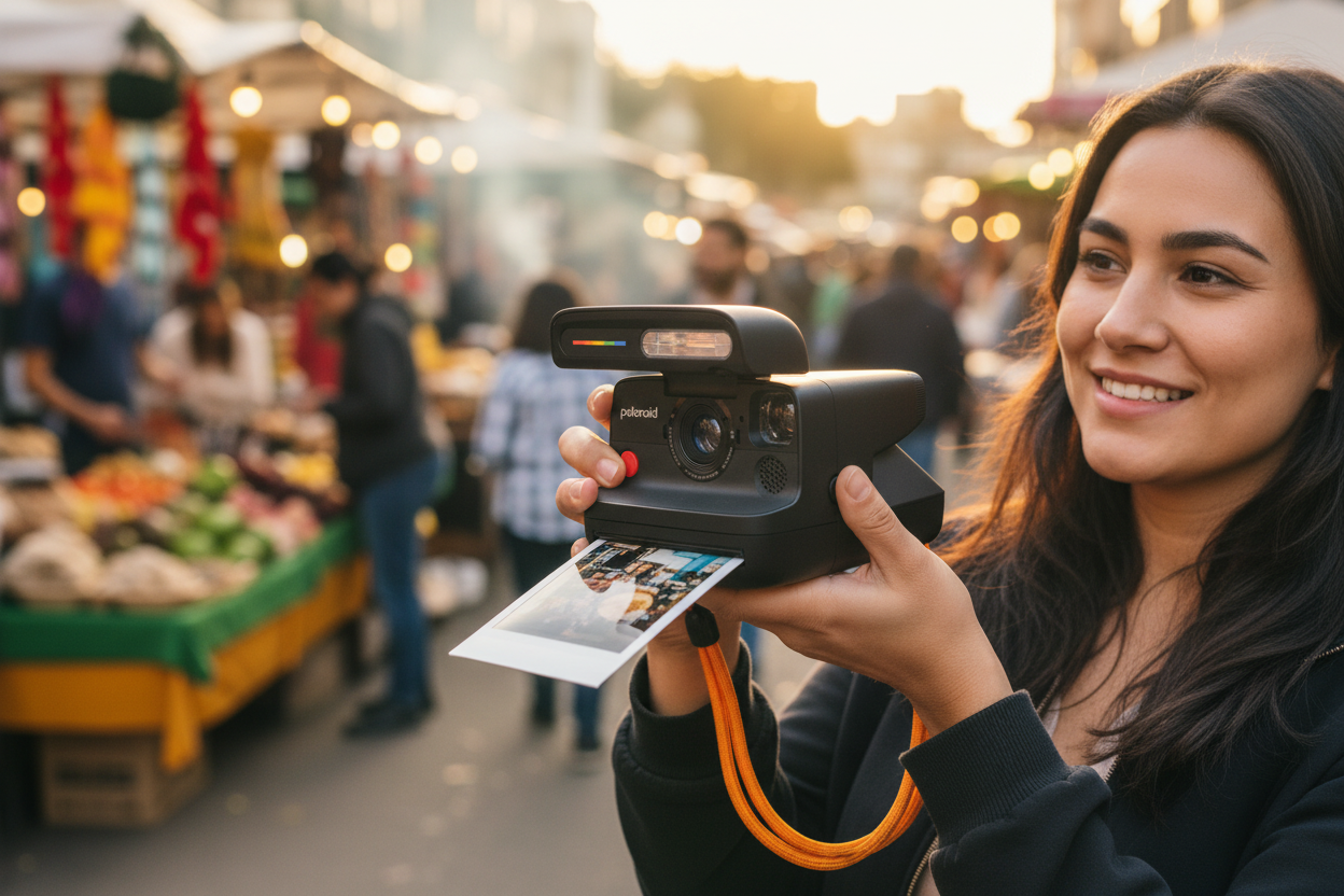 Polaroid Flip instant camera black held at outdoor festival with instant photo printing out — More4less Outlet
