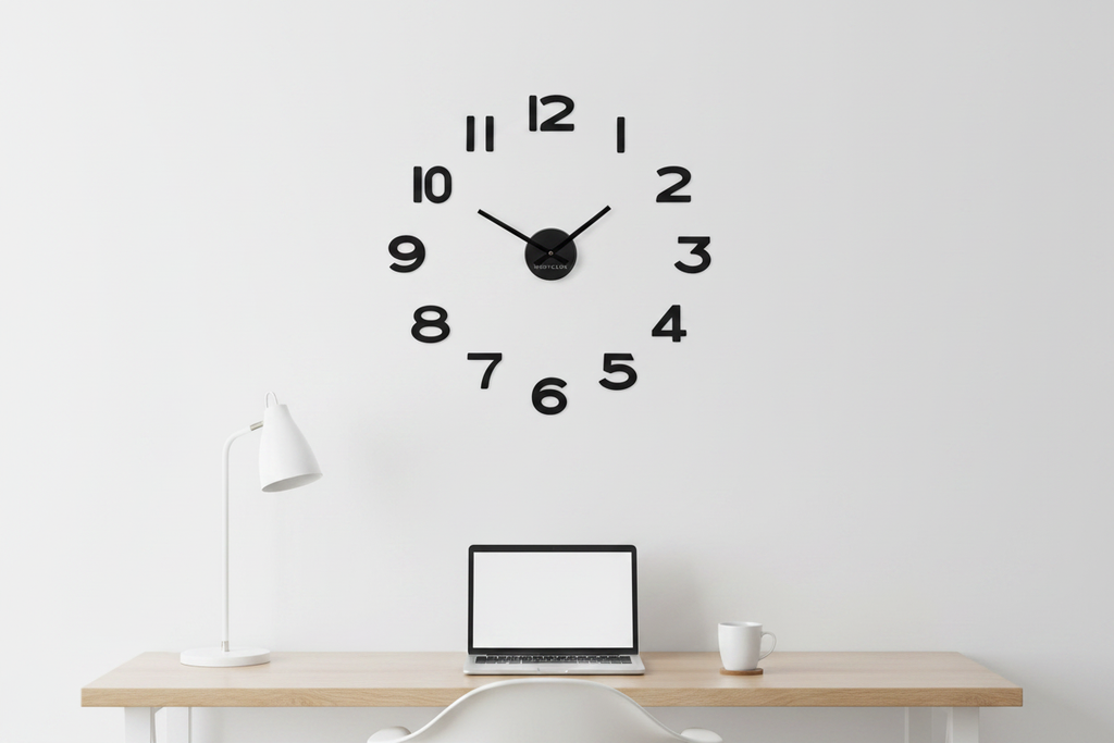 Westclox 20-inch floating wall clock installed on white home office wall above desk with laptop