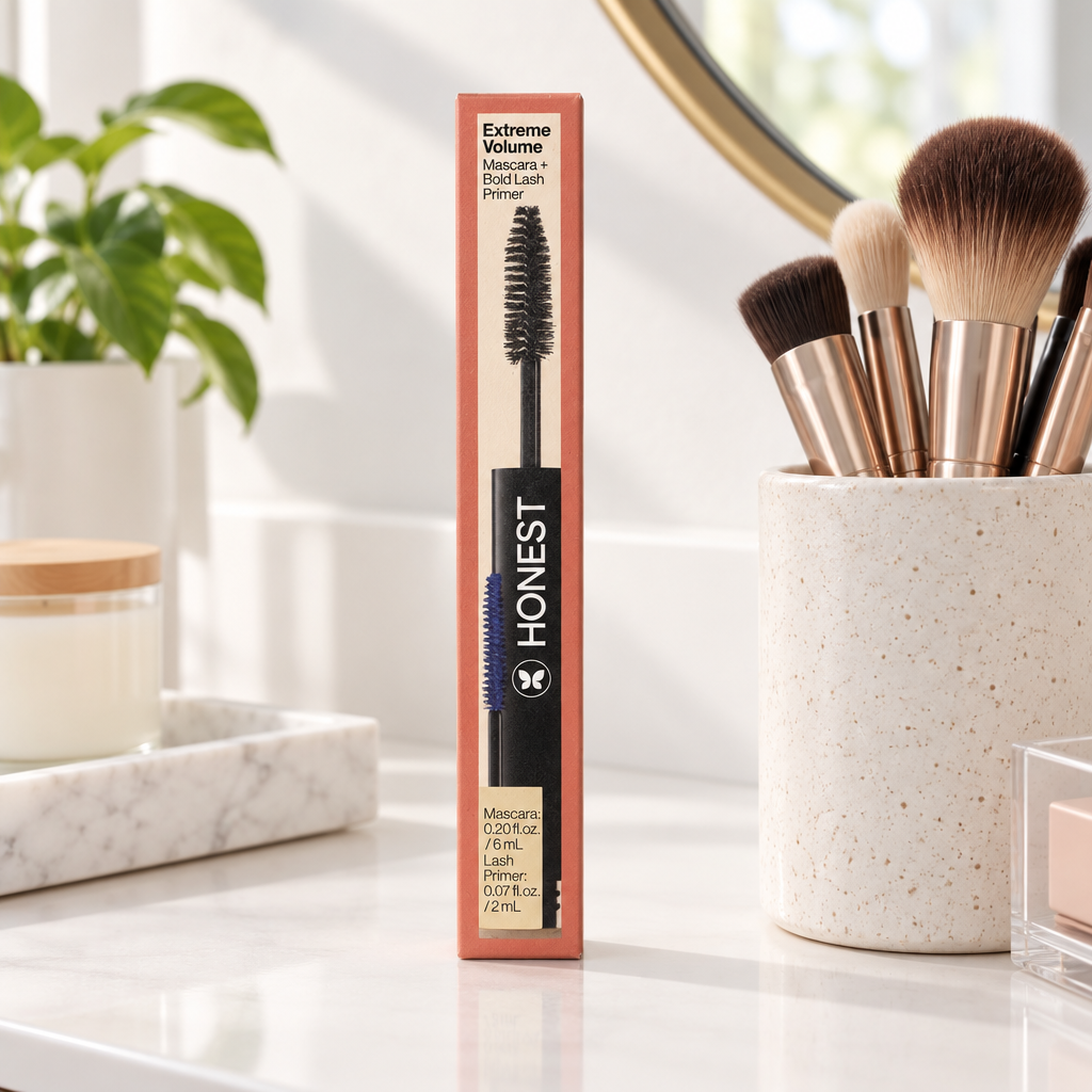 Honest Beauty Extreme Volume Mascara box on a makeup vanity counter