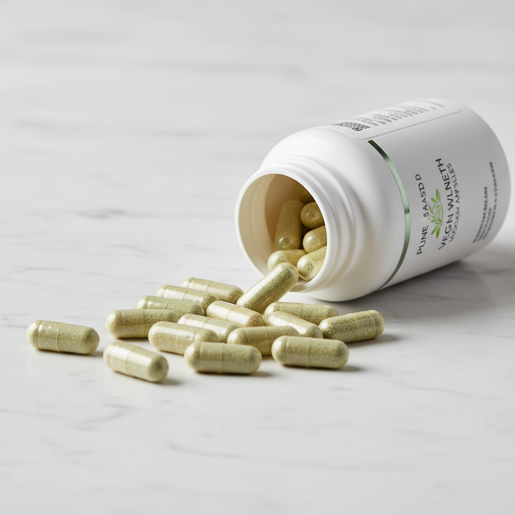 Vegetarian capsules spilling from white supplement bottle onto clean white marble surface premium health supplement detail shot