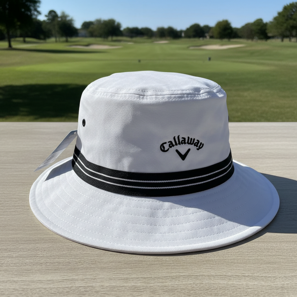 Close view of the Callaway Golf white and black bucket hat on a golf-course table