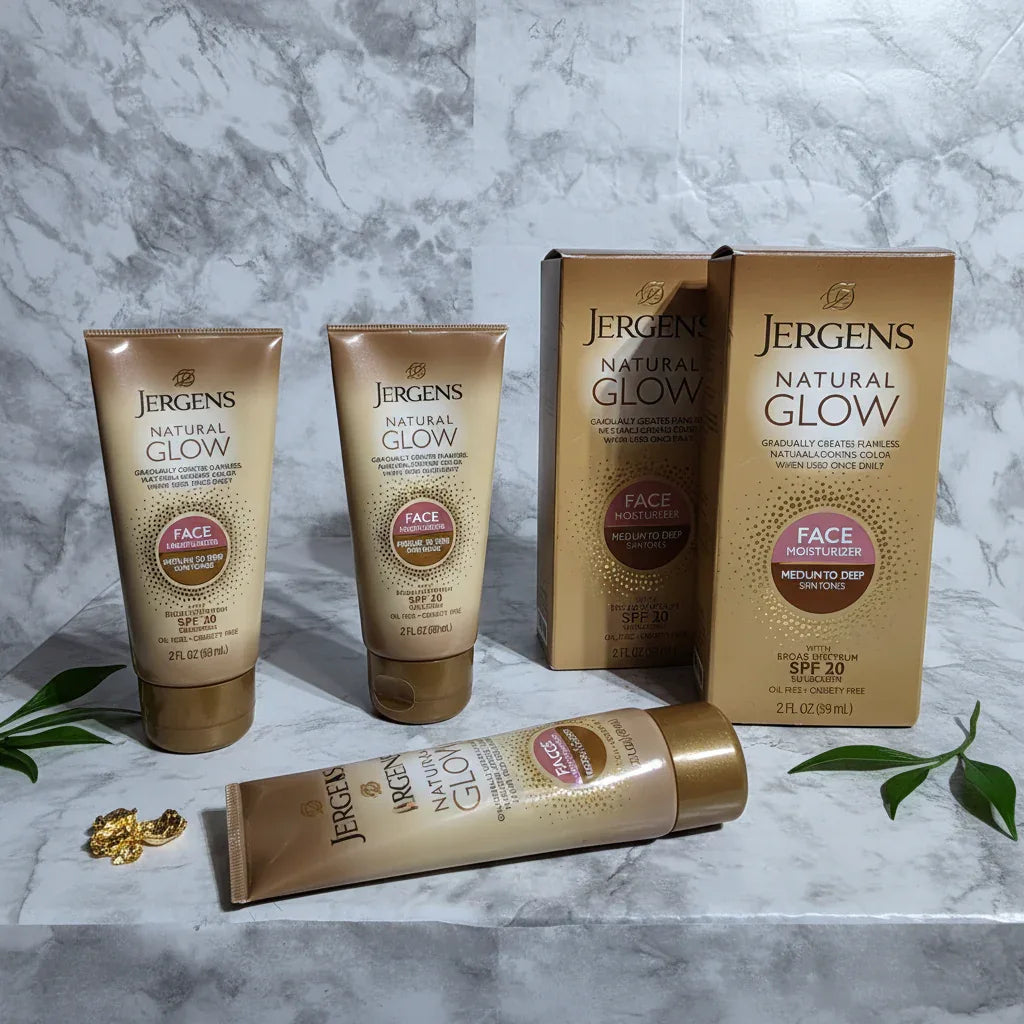Jergens Natural Glow gold face moisturizer tubes and boxes on white marble vanity, natural healthy skincare aesthetic
