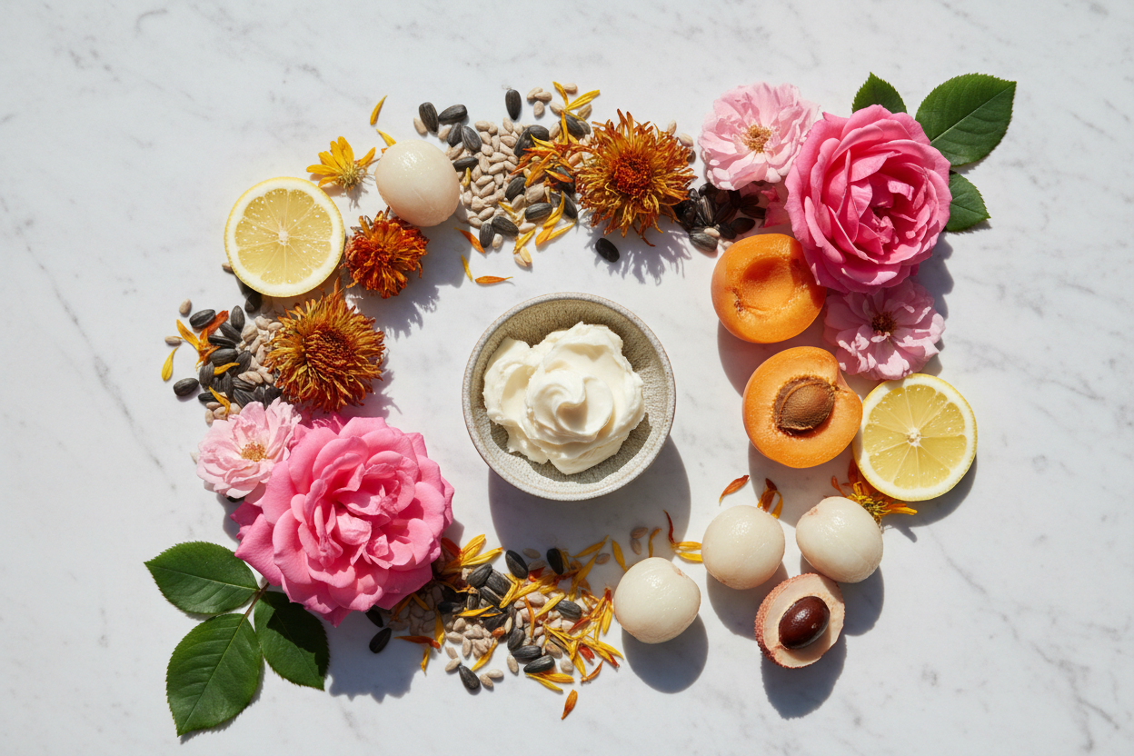 Shea butter sunflower apricot safflower oils roses lemon and lychee on white marble - Citrus Rose hand cream ingredient flat lay