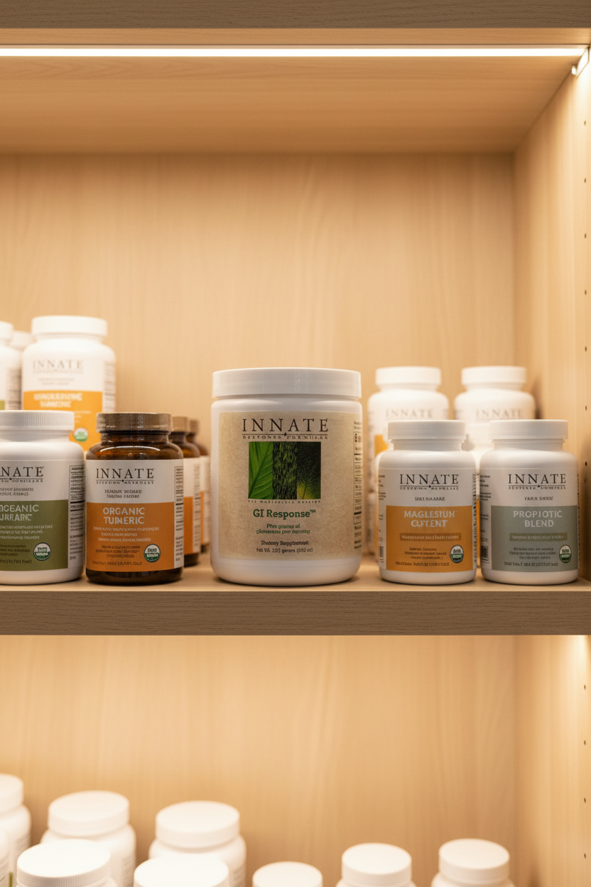 Innate Response GI Response powder jar in natural wood wellness pantry alongside boutique vitamins
