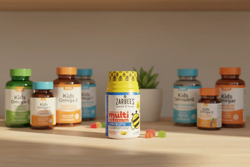 Zarbee's Children's Multivitamin jar in wellness pantry setup with other children's supplements