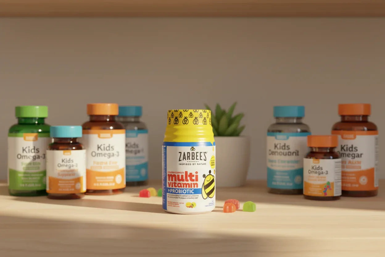 Zarbee's Children's Multivitamin jar in wellness pantry setup with other children's supplements