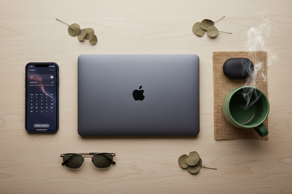 Stylish flat-lay of matte black earbud charging dock with laptop, coffee mug, and smartphone on office desk