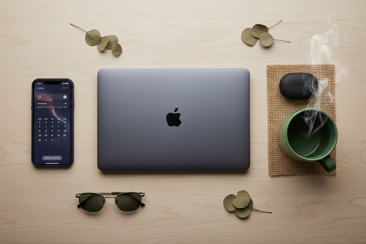 Stylish flat-lay of matte black earbud charging dock with laptop, coffee mug, and smartphone on office desk