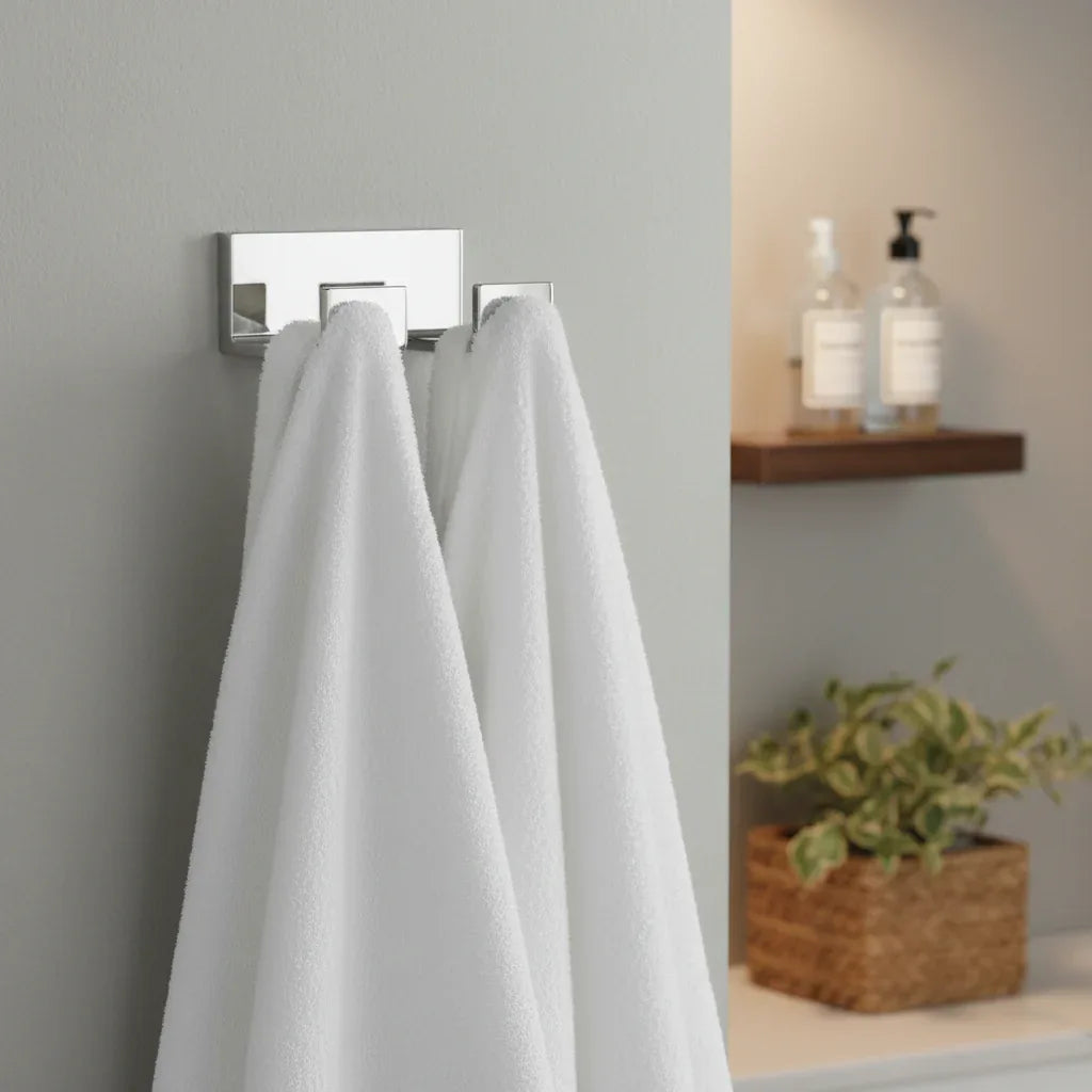 Polished chrome double robe hook mounted on grey bathroom wall with soft towels hanging