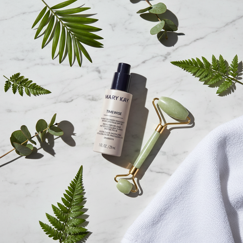 Flat lay of Mary Kay TimeWise Daytime Defender SPF 30 with botanicals and jade roller on white marble