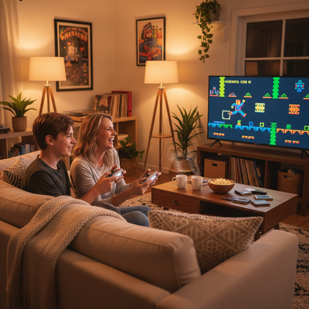 Teenager and parent playing classic retro arcade games together on couch with wireless controller — More4less Outlet lifestyle image
