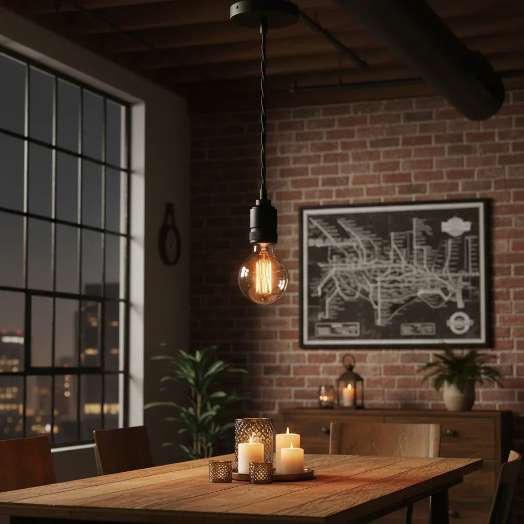 Feit Electric vintage industrial pendant light in urban loft dining area exposed brick