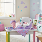Cool Maker Stitch N Style Fashion Studio sewing machine set up on a child's craft table in a bright kids room with fabric sheet and finished accessories arranged around it – More4less Outlet