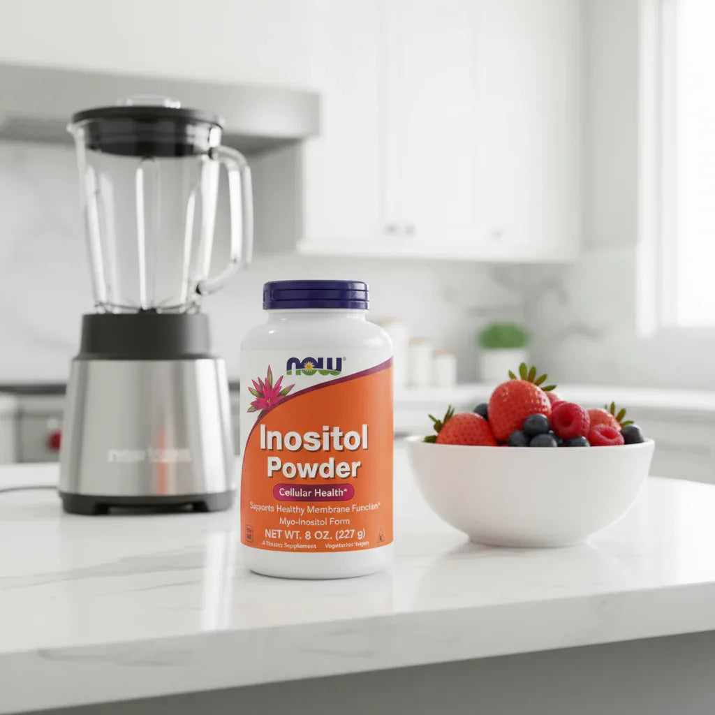 NOW Foods Inositol Powder 8oz bottle on white quartz kitchen island next to high-speed blender and bowl of fresh berries