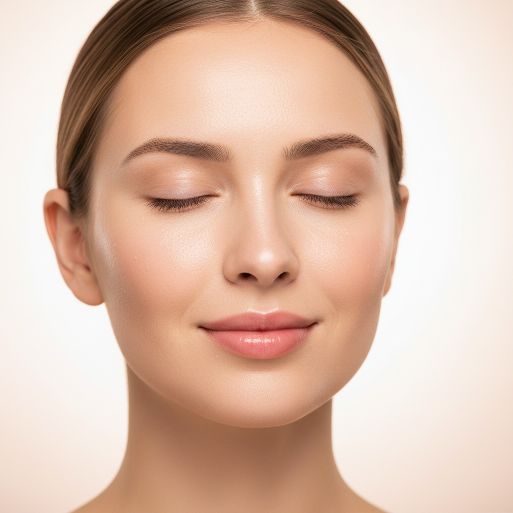Close-up of calm, hydrated skin after a soothing mask treatment