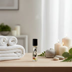Vixen Skincare crystal elixir roller bottle in serene spa setting with white towels, candles, and soft natural elements.