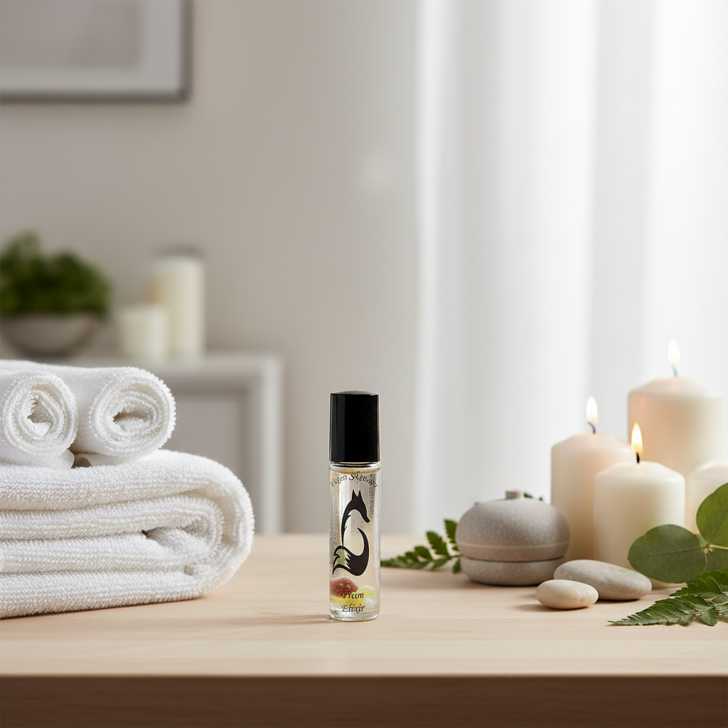 Vixen Skincare crystal elixir roller bottle in serene spa setting with white towels, candles, and soft natural elements.