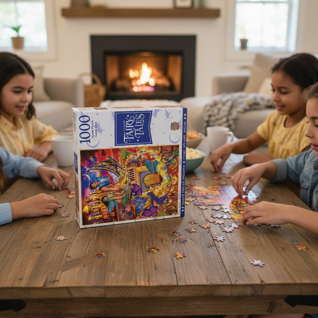 MasterPieces Classic Fairy Tales Aladdin 1000-piece puzzle box on cozy living room table next to partially assembled puzzle family puzzle night lifestyle