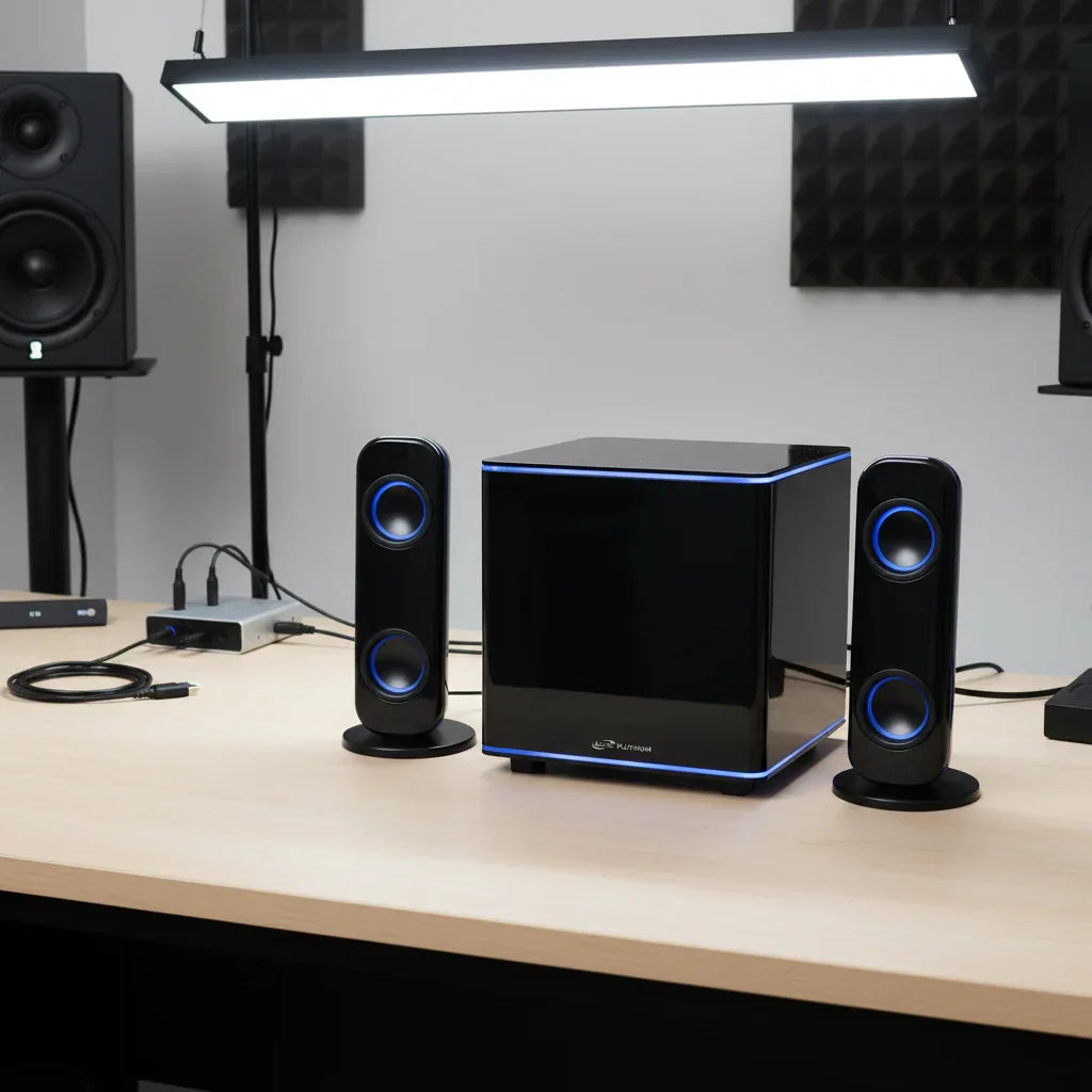 iLive Platinum 2.1 speaker system on studio desktop with audio connectivity lifestyle image