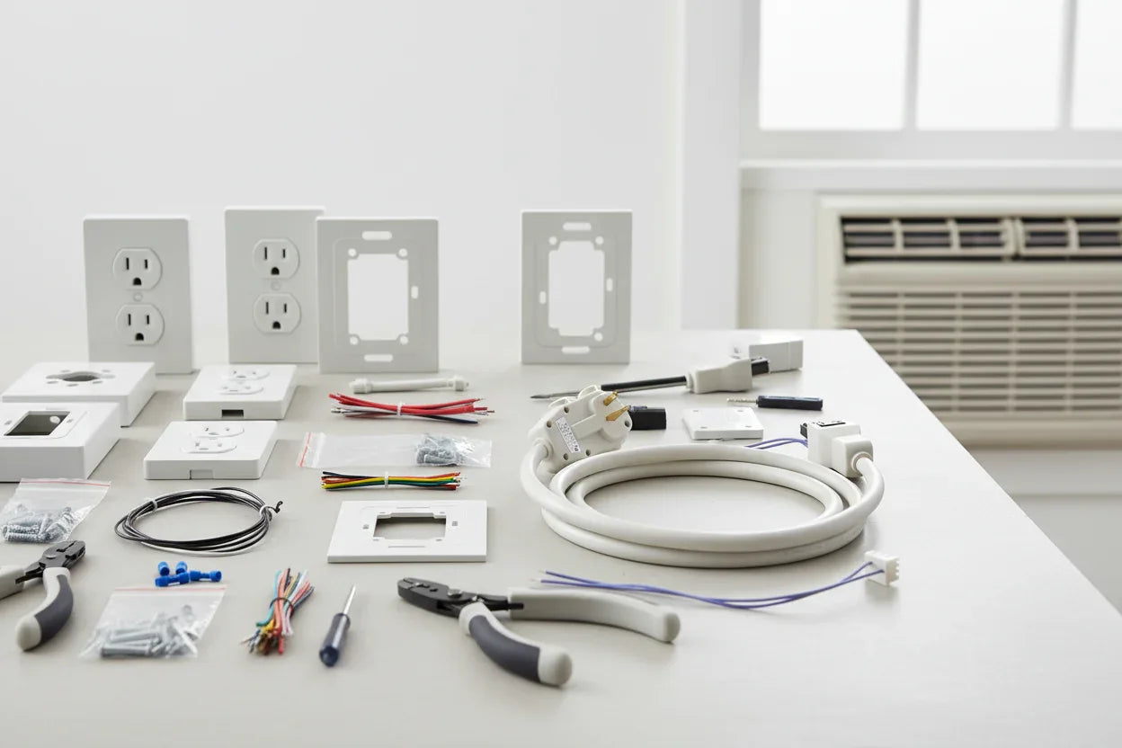 Organized home repair staging with GE RAK320P manufacturer-spec electrical hardware beside a room air conditioner unit