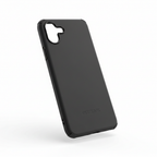 Studio shot of slim black OtterBox Symmetry Series phone case angled to show slim one-piece profile on white background