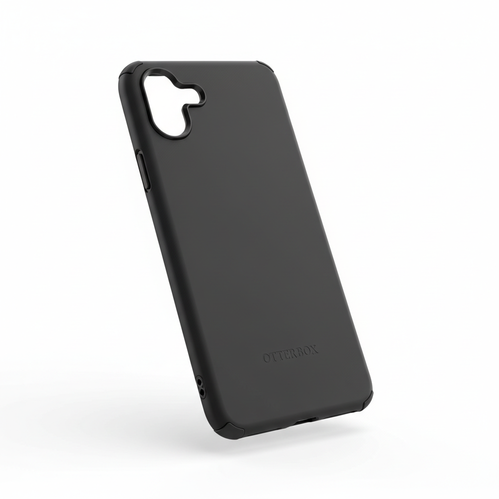 Studio shot of slim black OtterBox Symmetry Series phone case angled to show slim one-piece profile on white background