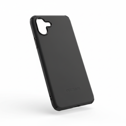 Studio shot of slim black OtterBox Symmetry Series phone case angled to show slim one-piece profile on white background