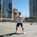 Athlete holding basketball with correct hand placement during shooting drill on outdoor court