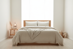 Modern minimalist bedroom with Eden Home Odara neutral beige linen bedding on a Queen bed, Scandinavian aesthetic