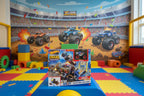 Hot Wheels Monster Trucks Arena Smashers Race Ace playset displayed in a kid-centric active play space with vivid decor