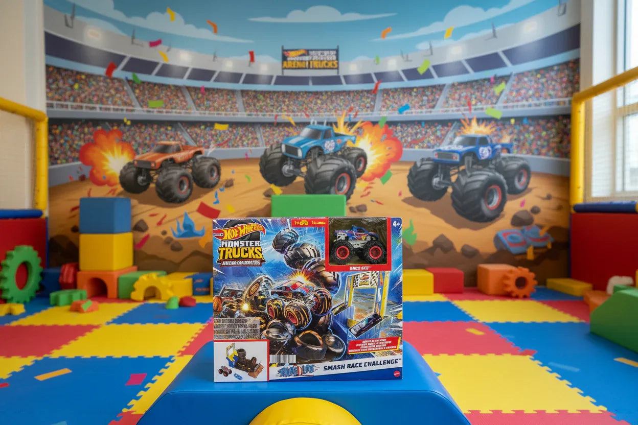 Hot Wheels Monster Trucks Arena Smashers Race Ace playset displayed in a kid-centric active play space with vivid decor