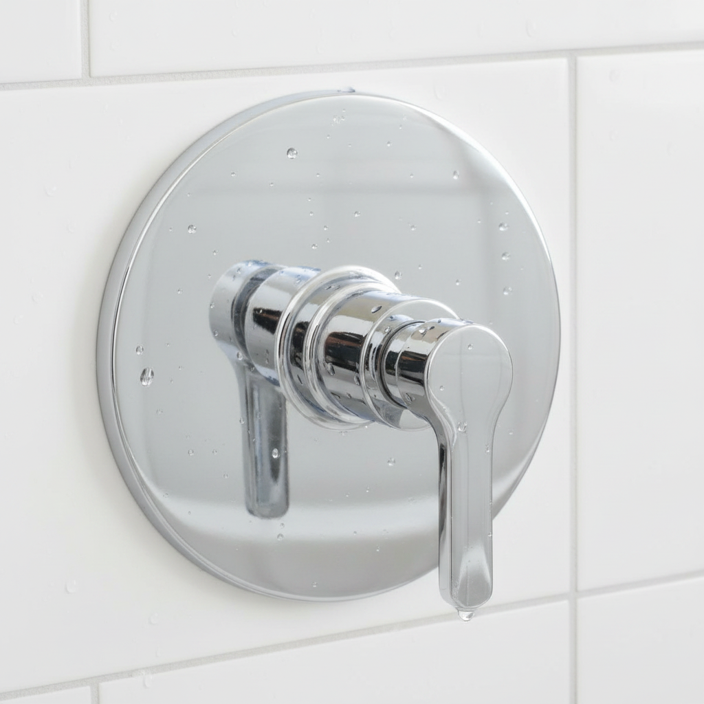 Close-up of American Standard Studio S polished chrome shower valve trim handle and round escutcheon plate on white tile.