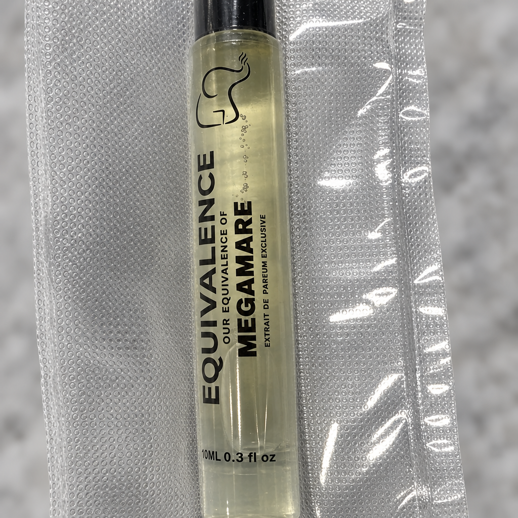 Macro close-up of the Equivalence Our Equivalence of Megamare Extrait de Parfum label and sealed pouch. At least one real product photo taken by Chad is included in the gallery. Remaining images are AI-generated lifestyle photos for visual context only. Minor label or packaging variation may occur between matching stocked units.