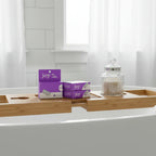 Joy 5-Blade Razor Refills 12ct on oak bathtub tray with porcelain soaking tub and apothecary jar in morning light