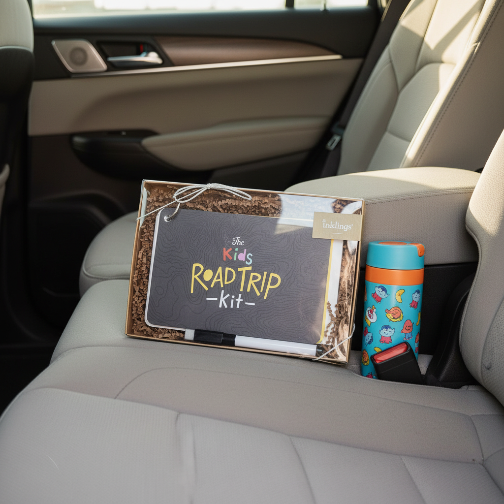 Inklings Paperie Kids Road Trip Kit activity box in the back seat of an SUV next to a colorful child's thermos showing real travel use