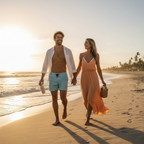 Active couple walking together on a sunny beach, healthy and vibrant wellness lifestyle