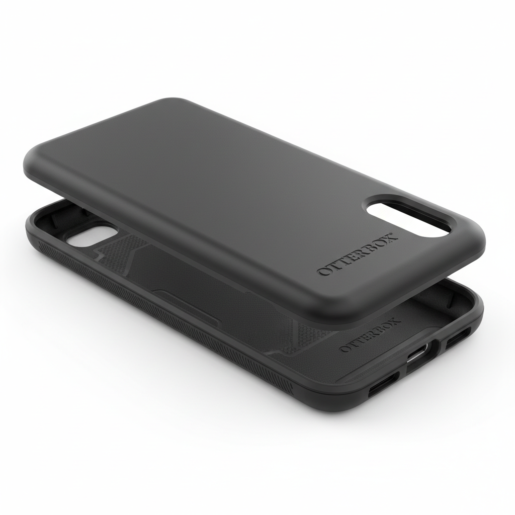 Studio shot of black OtterBox Commuter Series case showing dual-layer polycarbonate shell and rubber slipcover construction