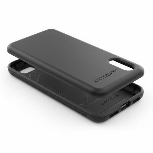 Studio shot of black OtterBox Commuter Series case showing dual-layer polycarbonate shell and rubber slipcover construction
